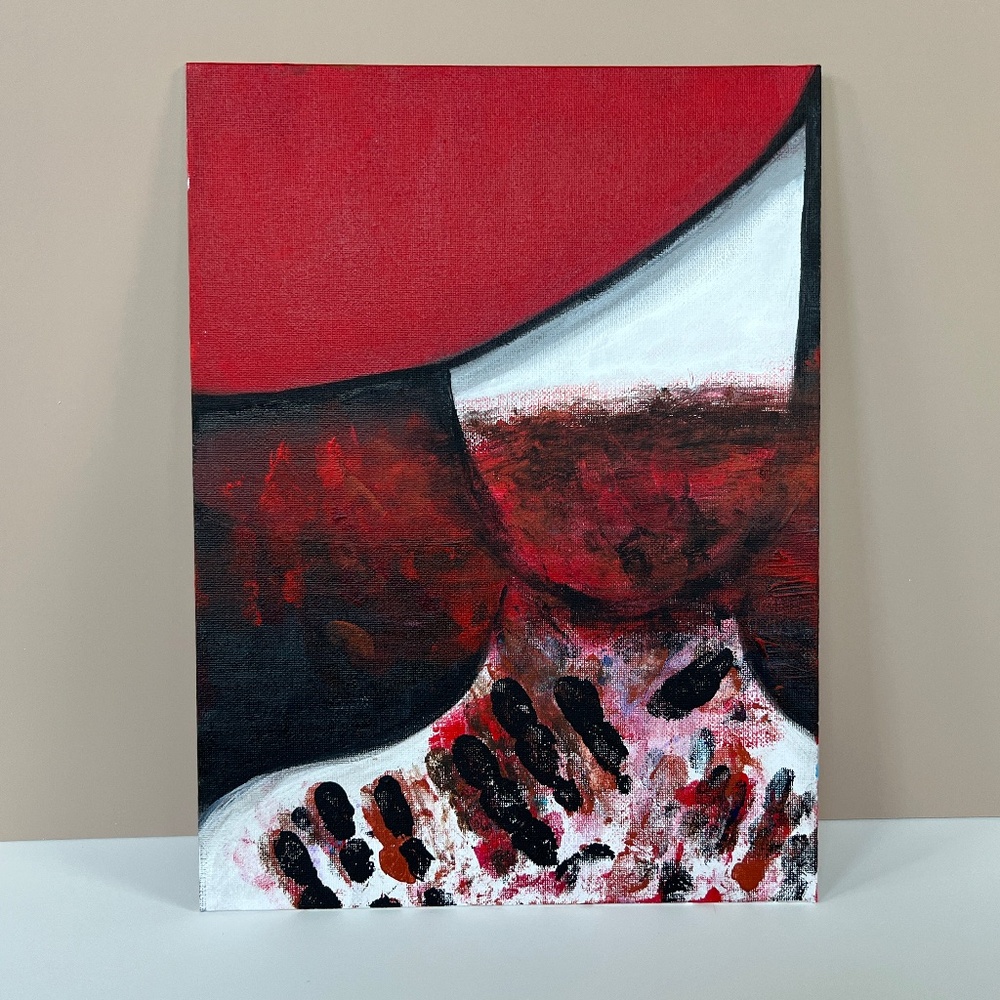 Silent Scars, Red Veil – Faceless Collection | 9x12 Abstract Woman Painting